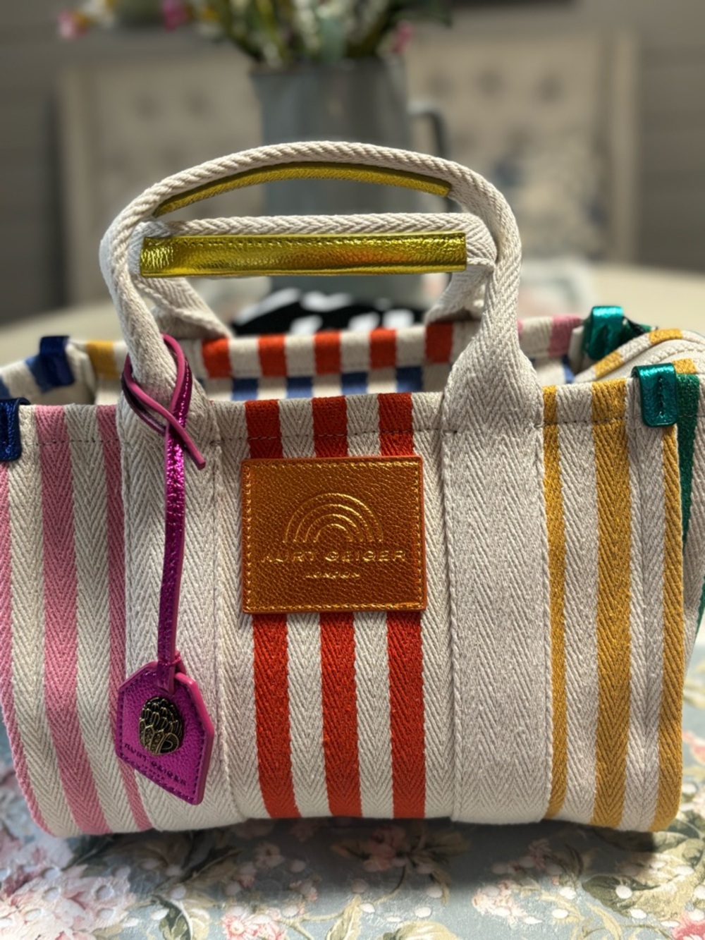 Kurt Geiger Striped Canvas Tote in Pink, Orange, Yellow & Green - Picture 12 of 16